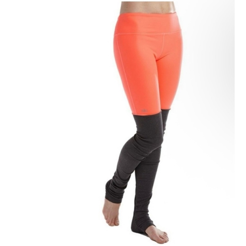 Alo Yoga Womens Goddess Ribbed Leggings Neon Orange Charcoal Grey Size XS